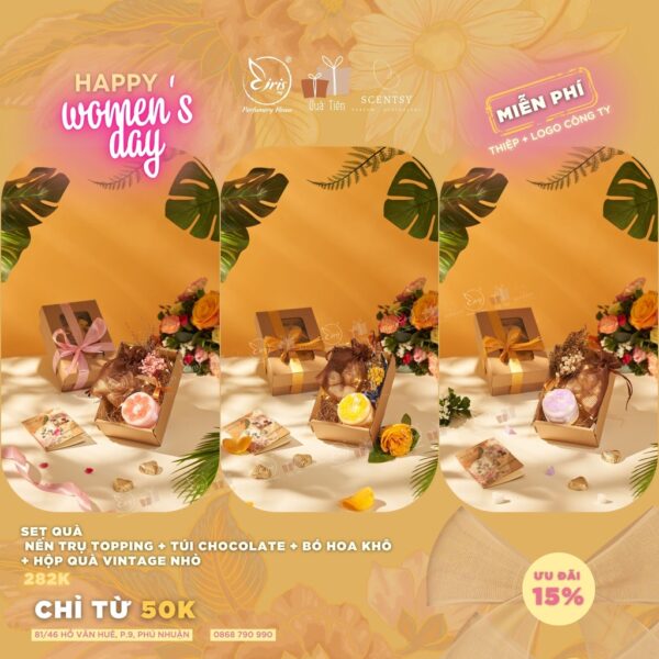 Set Quà Nến Trụ Topping + Túi Chocolate + Bó Hoa Khô + Hộp Quà Vintage Nhỏ, Quà Tặng 8/3 Xinh Xắn Ý Nghĩa