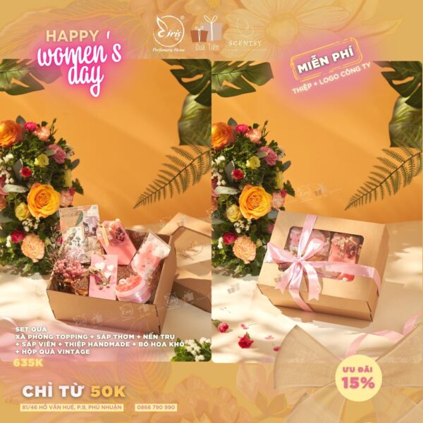 Set Quà Xà Phòng Topping + Sáp Thơm + Nến Trụ + Sáp Viên + Thiệp Handmade + Bó Hoa Khô + Hộp Quà Vintage, Quà Tặng 8/3