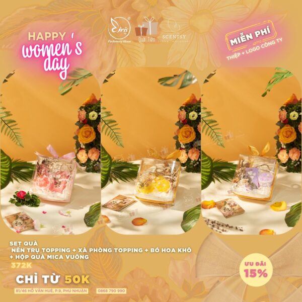 Set Quà Nến Trụ Topping + Xà Phòng Topping + Bó Hoa Khô + Hộp Quà Mica Vuông, Quà Tặng 8/3 Xinh Xắn Ý Nghĩa