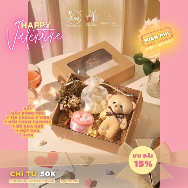 Set Quà Tặng Gấu Bông Mini + Túi Choco 05 Viên + Nến Thơm Topping + Bó Hoa Khô Kèm Hộp Quà Xinh Xắn