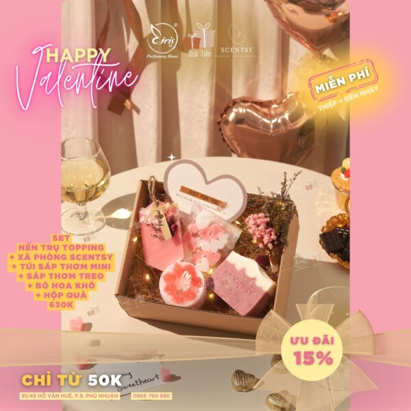 Set Quà Tặng Nến Trụ Topping + Xà Phòng Scentsy + Túi Sáp Thơm Mini + Sáp Thơm Treo + Bó Hoa Khô Kèm Hộp Quà Xinh Xắn
