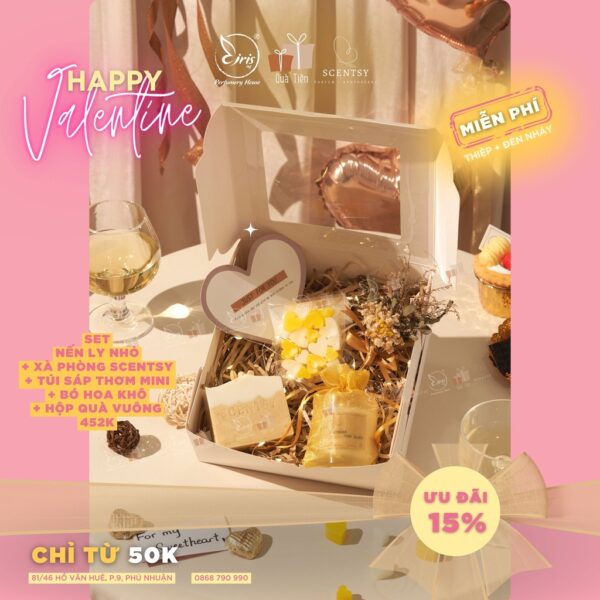 Set Quà Tặng Nến Ly Nhỏ + Xà Phòng Scentsy + Túi Sáp Thơm Mini + Bó Hoa Khô Kèm Hộp Quà Vuông Xinh Xắn