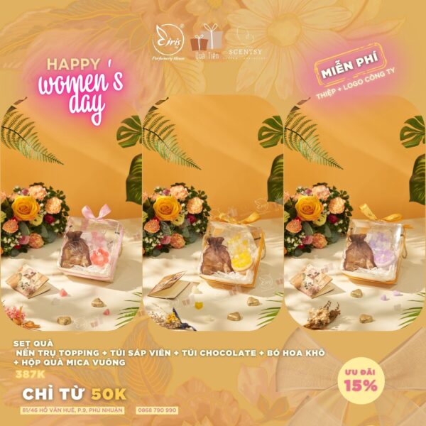 Set Quà Nến Trụ Topping + Túi Sáp Viên + Túi Chocolate + Bó Hoa Khô + Hộp Quà Mica Vuông, Quà Tặng 8/3 Xinh Xắn Ý Nghĩa