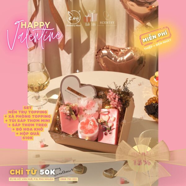Set Quà Tặng Nến Trụ Topping + Xà Phòng Topping + Túi Sáp Thơm Mini + Sáp Thơm Treo + Bó Hoa Khô Kèm Hộp Quà Xinh Xắn