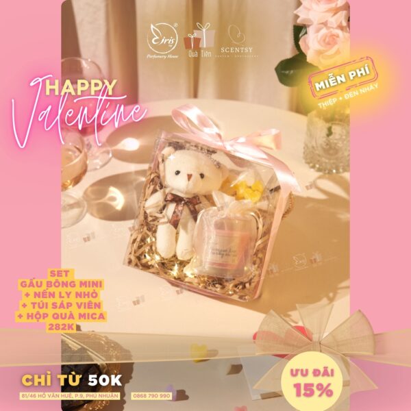 Set Quà Tặng Gấu Bông Mini + Nến Ly Nhỏ + Túi Sáp Viên Kèm Hộp Quà Mica Xinh Xắn