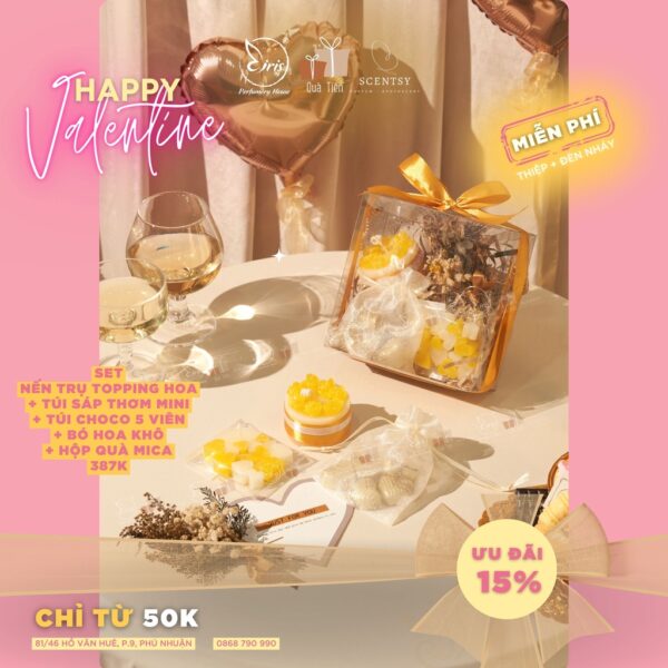 Set Quà Tặng Nến Trụ Topping Hoa + Túi Sáp Thơm Mini + Túi Chocolate 05 Viên + Bó Hoa Khô Kèm Hộp Quà Mica Xinh Xắn