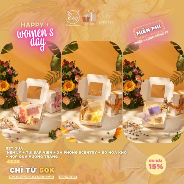 Set Quà Nến Ly + Túi Sáp Viên + Xà Phòng Scentsy + Bó Hoa Khô + Hộp Quà Vuông Trắng, Quà Tặng 8/3 Xinh Thơm Ý Nghĩa