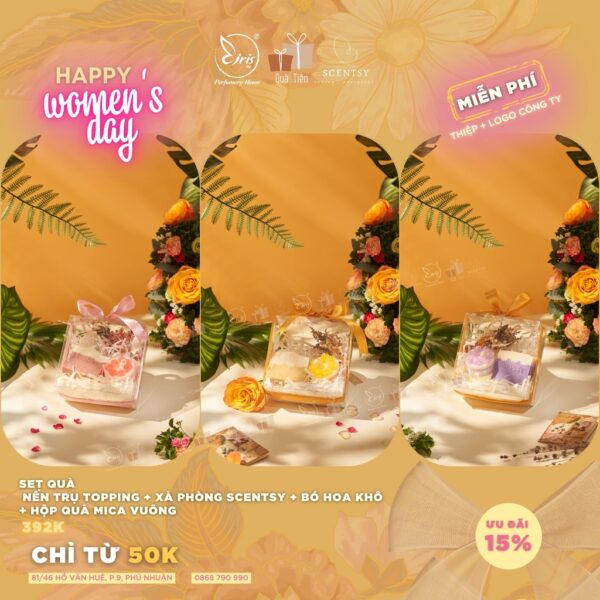 Set Quà Nến Trụ Topping + Xà Phòng Scentsy + Bó Hoa Khô + Hộp Quà Mica Vuông, Quà Tặng 8/3 Xinh Xắn Ý Nghĩa