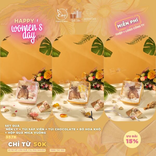 Set Quà Nến Ly + Túi Sáp Viên + Túi Chocolate + Bó Hoa Khô + Hộp Quà Mica Vuông, Quà Tặng 8/3 Xinh Xắn Ý Nghĩa