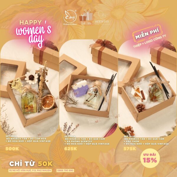 Set Quà Bộ Khuếch Tán + Xà Phòng + Sáp Thơm + Bó Hoa Khô + Hộp Quà Vintage, Quà Tặng 8/3 Xinh Thơm Ý Nghĩa