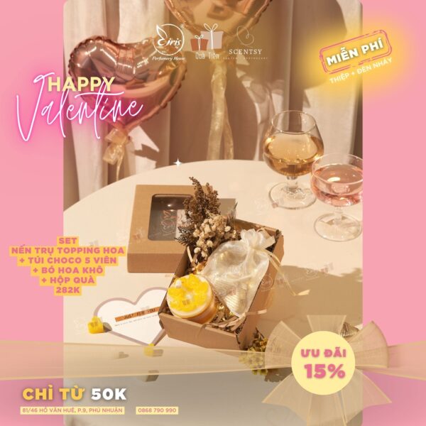 Set Quà Tặng Nến Trụ Topping Hoa + Túi Chocolate 05 Viên + Bó Hoa Khô Kèm Hộp Quà Xinh Xắn