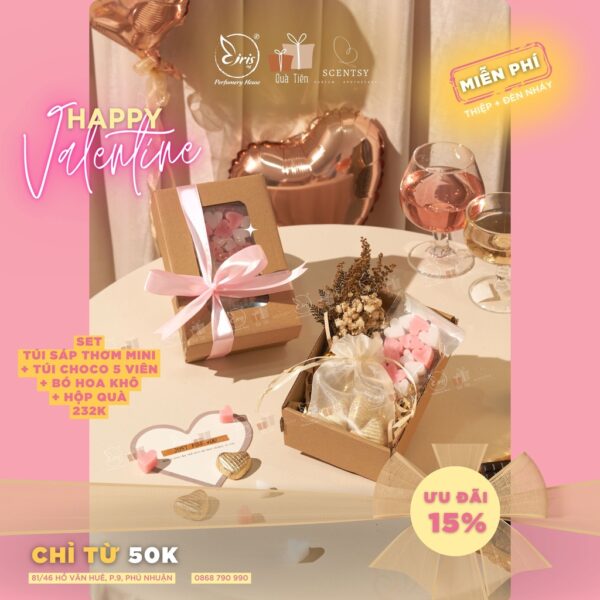 Set Quà Tặng Túi Sáp Thơm Mini + Túi Chocolate 05 Viên + Bó Hoa Khô Kèm Hộp Quà Xinh Xắn